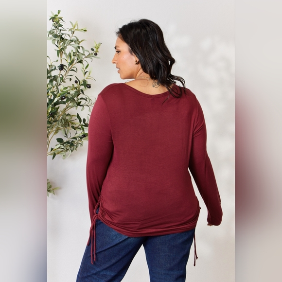 Culture Code Full Size Drawstring Round Neck Long Sleeve Wine Top - Picture 10 of 12